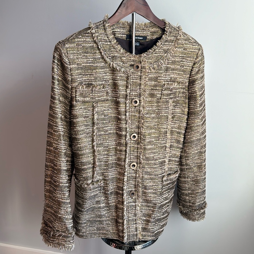 Ellen Tracy Brown Tweed Wool Blend Jacket With Metallic Threading, Size 14, NWOT